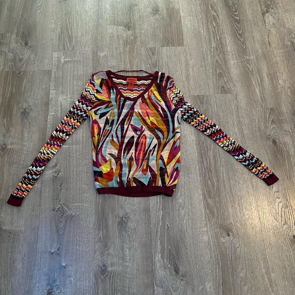 Missoni for Target Multicolor Long Sleeve V-Neck Sweater - Burgundy Trim